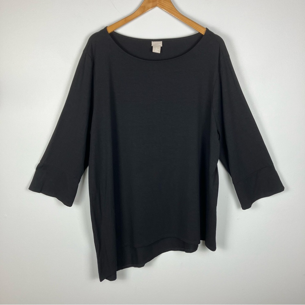 Chico’s Black Tunic Top Womens Size 4 XXL Asymmetrical Hem 3/4 Sleeve Stretch